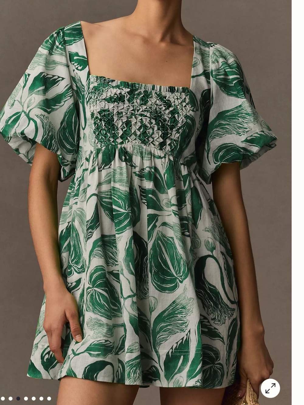 Anthropologie Maeve Yukiko Noritake Botanical Smocked Square-Neck Mini Dress